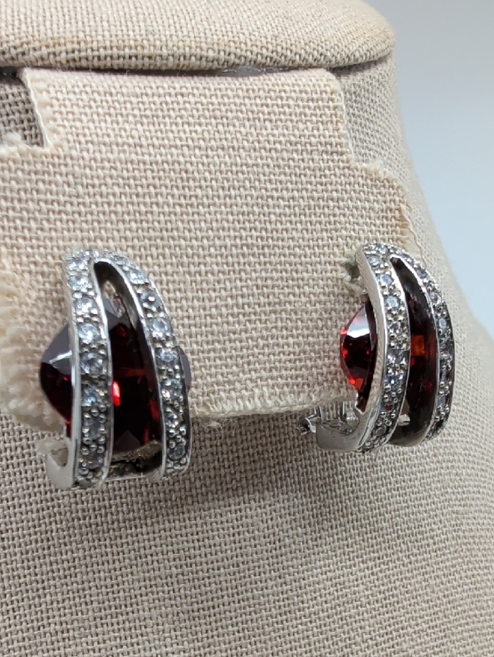 Vintage 925 Sterling Silver Garnet Half Hoop Lever Back Earrings